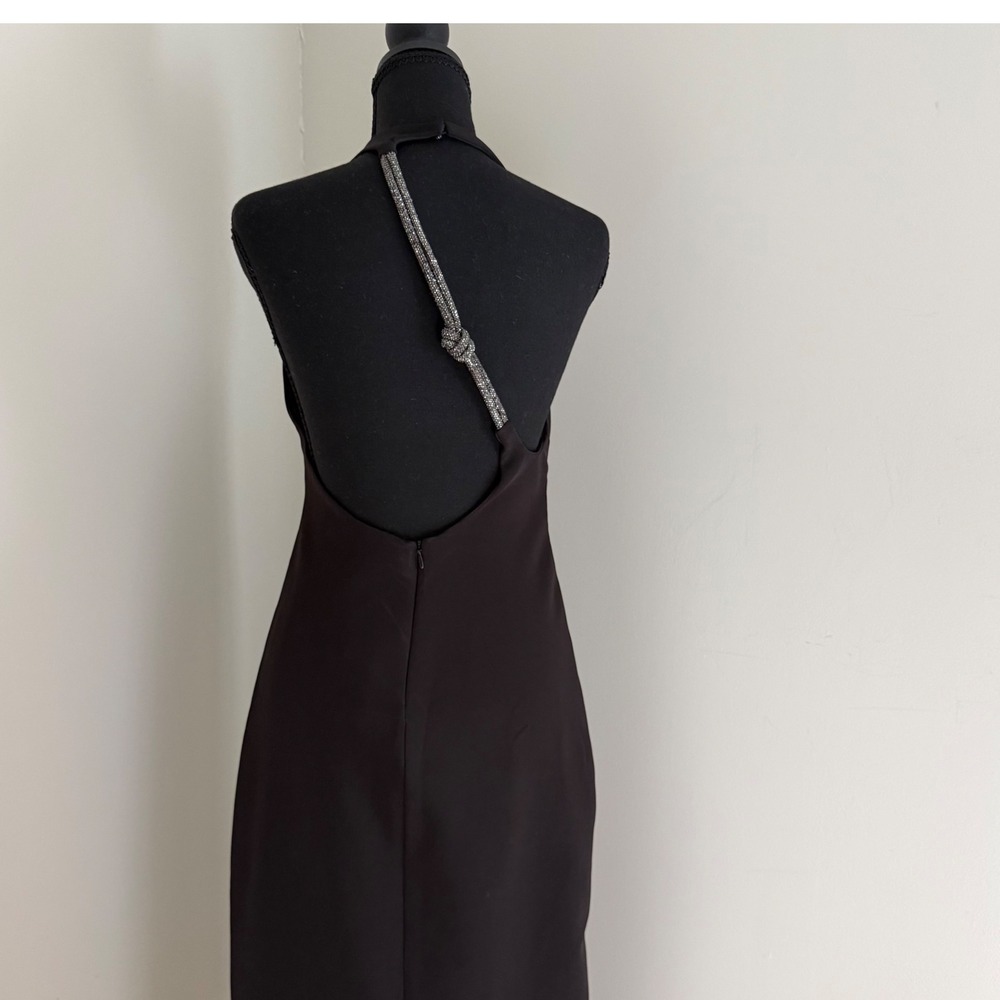 NWT Zara Black Satin Halter Midi Dress Rhinestone Knot Open Back Cocktail sz M